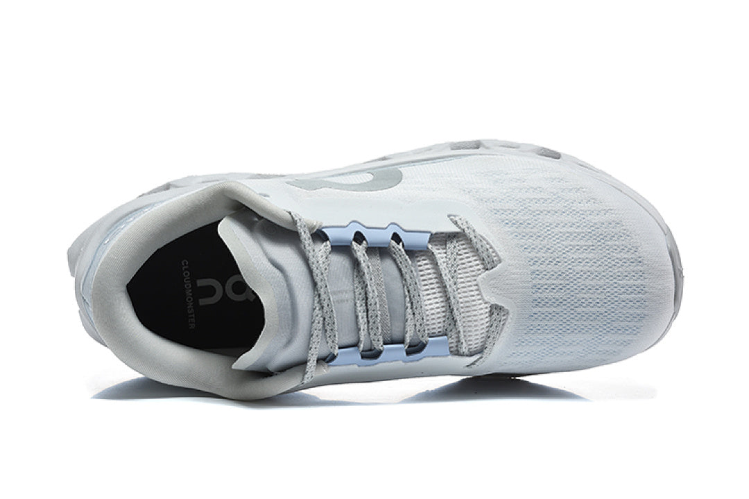 On Cloudmonster 3 Running Shoes in White and Light Blue - product image from the listing.