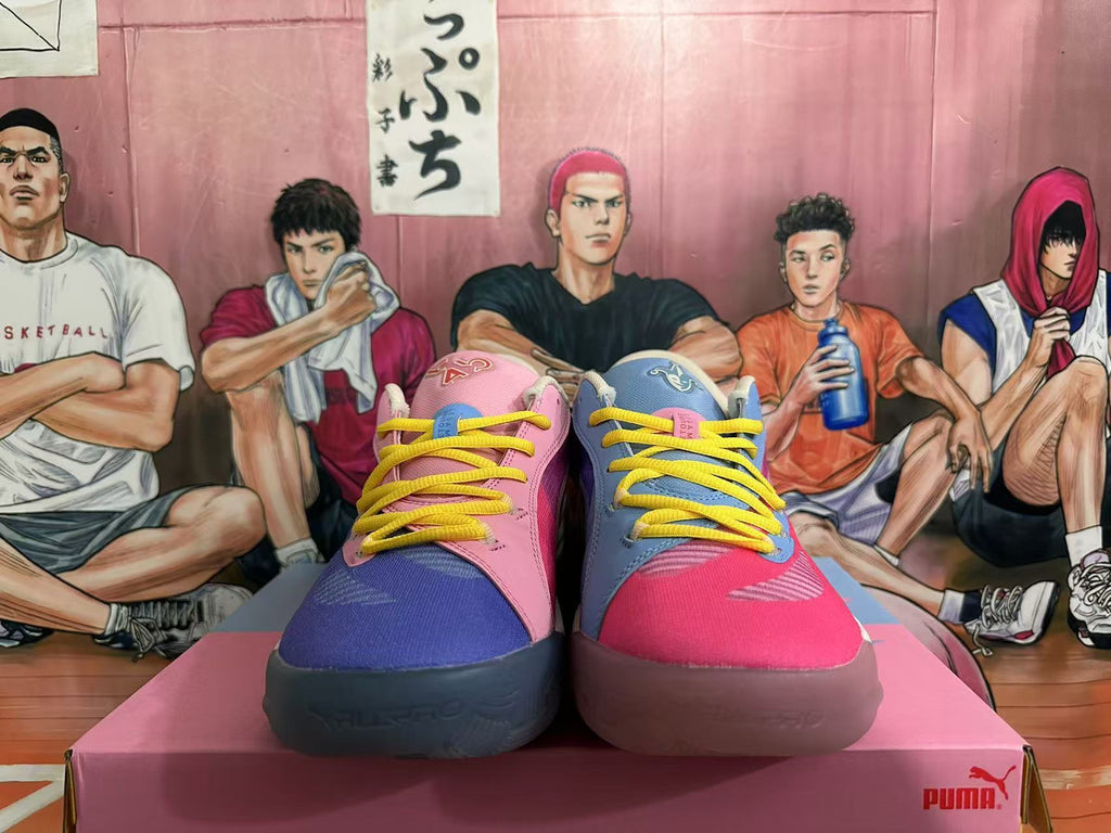 PUMA All-Pro NITRO Basketball Shoes in Pink Blue Yellow - product image from the listing.