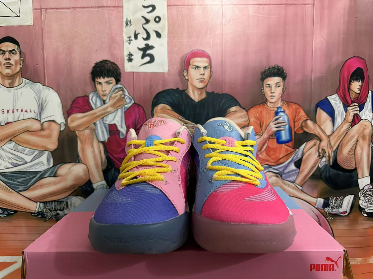 PUMA All-Pro NITRO Basketball Shoes in Pink Blue Yellow - product image from the listing.