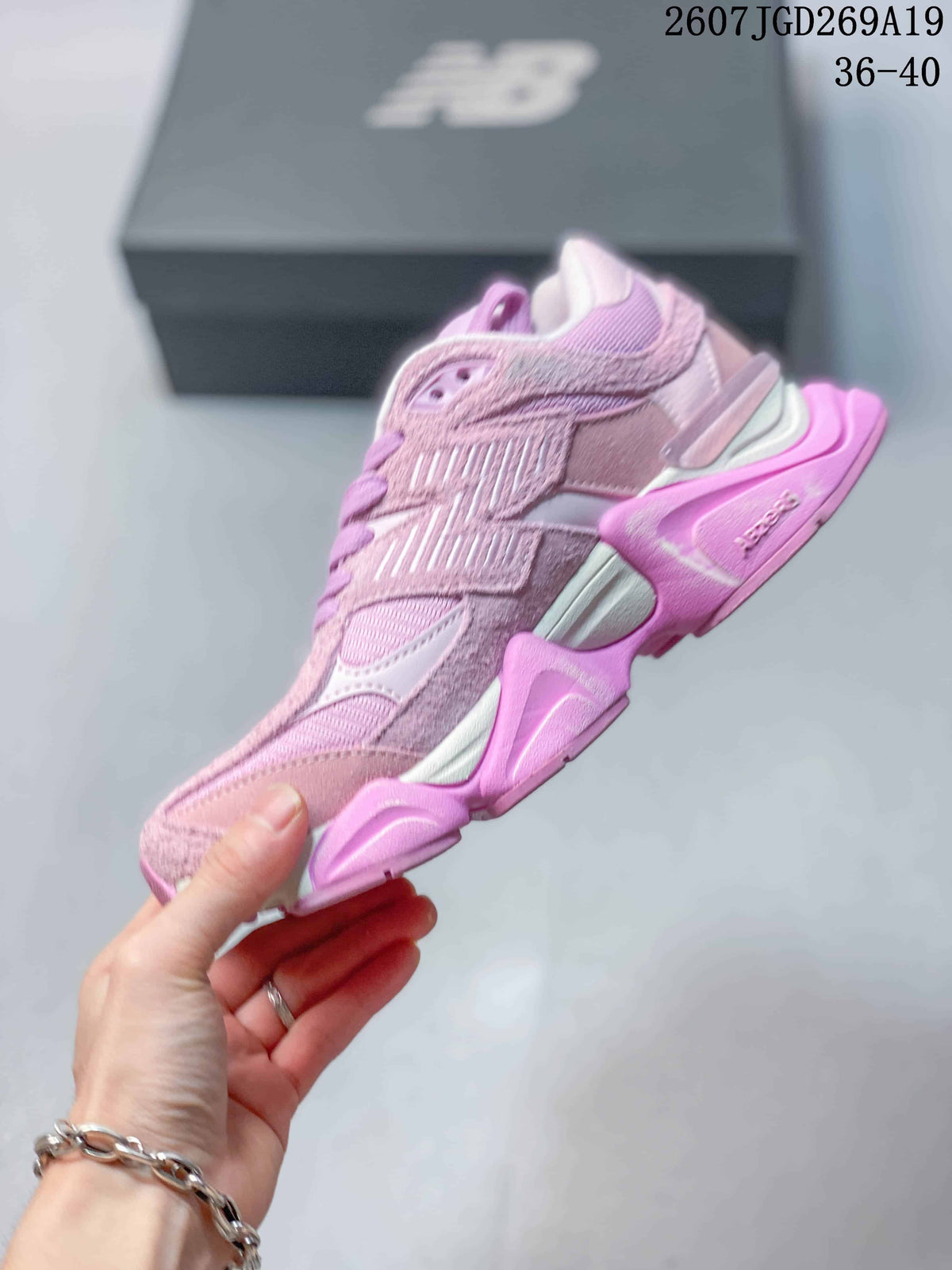 New Balance 9060 Pink Suede and Mesh Trainers - product image from the listing.