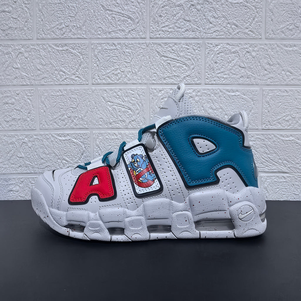Nike Air More Uptempo Cartoon Bear Sneakers, in White Blue Red - product image from the listing.