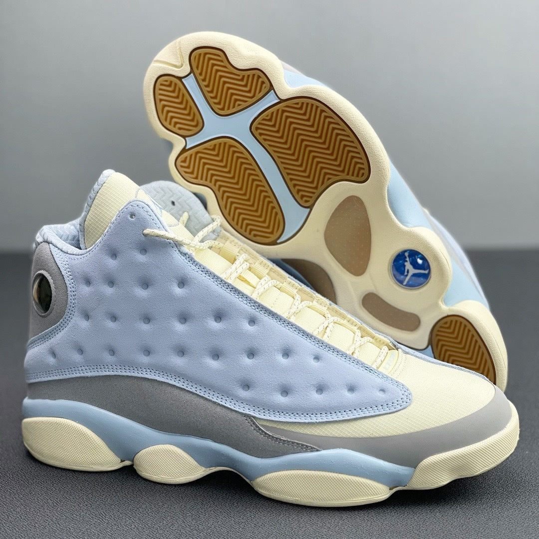 Blue and Cream Jordan 13 SoleFly DX5763-100 Sneakers - product image from the listing.