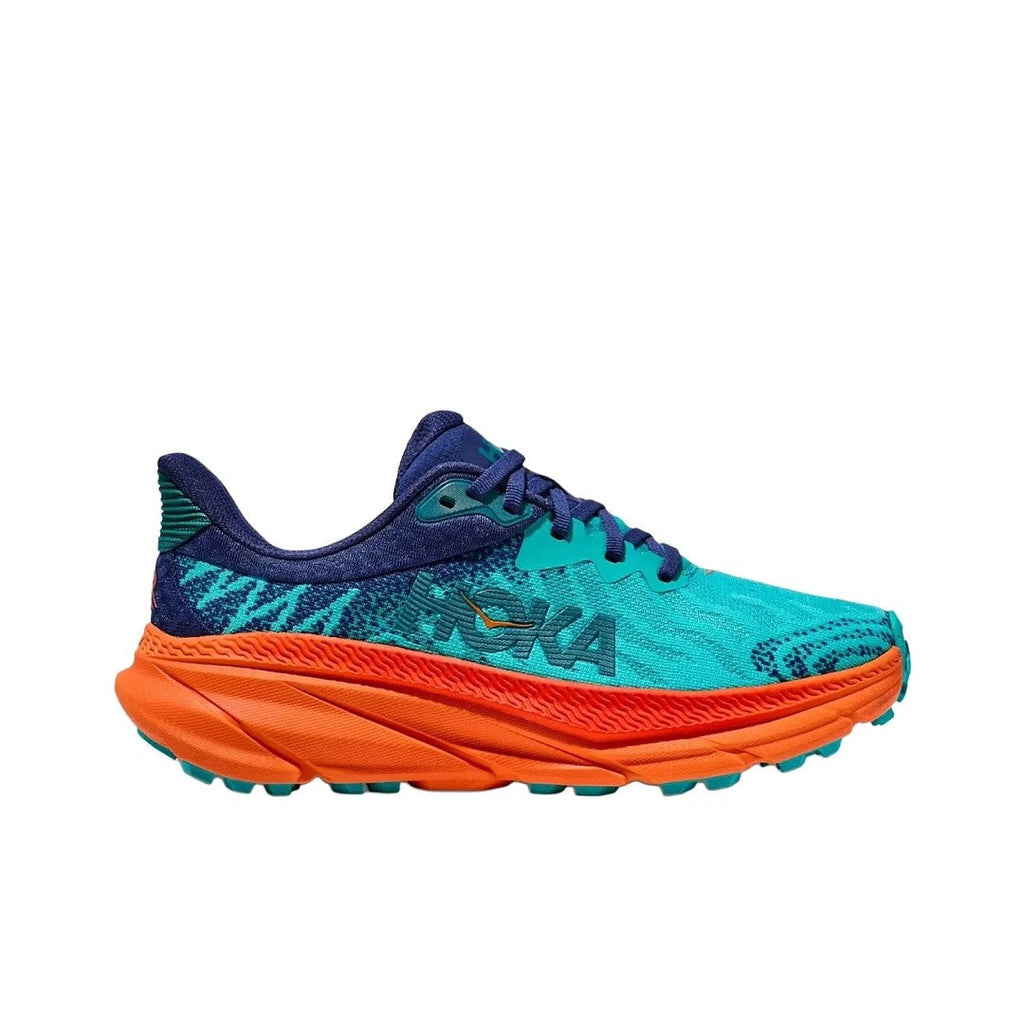 HOKA Challenger 7 Trail Running Shoes in Turquoise and Orange - product image from the listing.