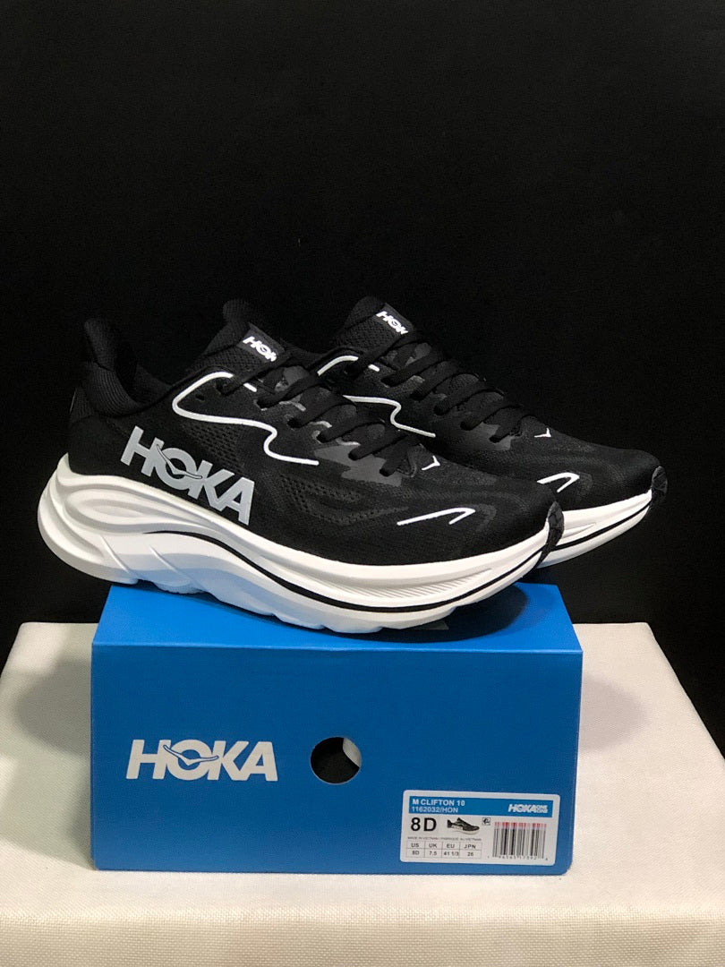 HOKA Clifton 10 Running Shoes in Black and White - product image from the listing.