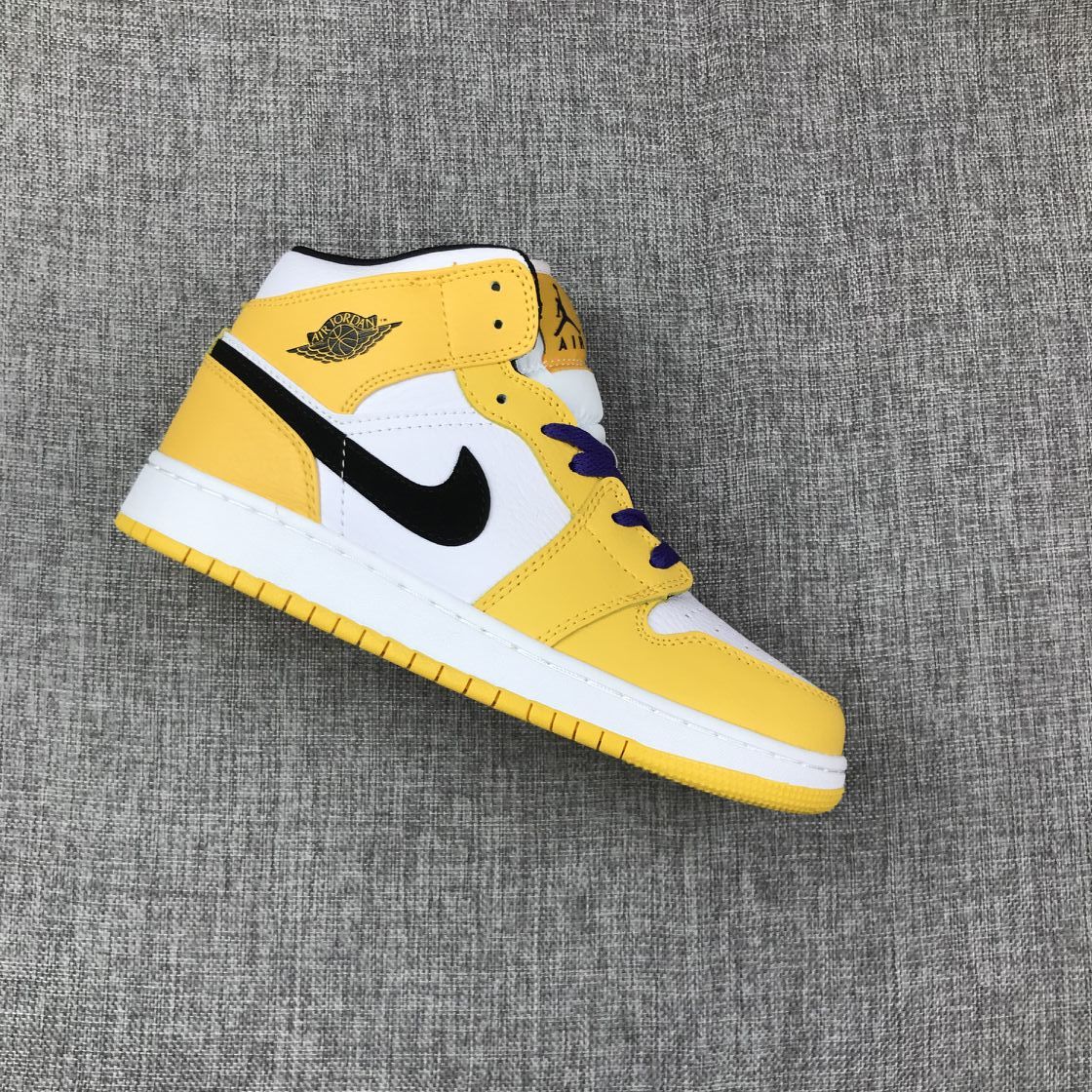 Air Jordan 1 Mid Lakers Sneakers in Yellow and Purple BQ6931-700 - product image from the listing.