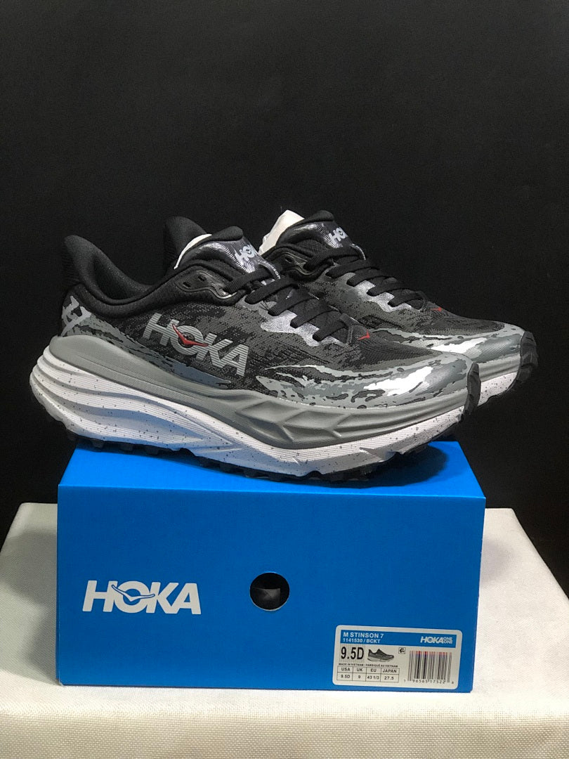 Black and Gray HOKA Stinson 7 Trail Running Shoes - product image from the listing.
