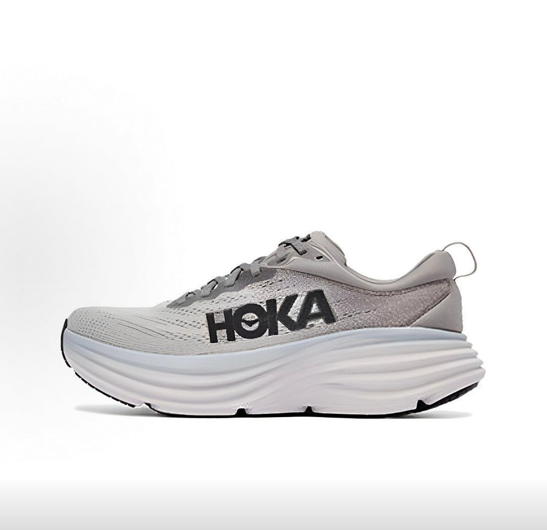 Gray and Black HOKA Bondi 8 Running Shoes - product image from the listing.
