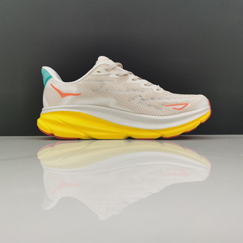 Cream and Yellow HOKA Clifton 9 Running Shoes - product image from the listing.