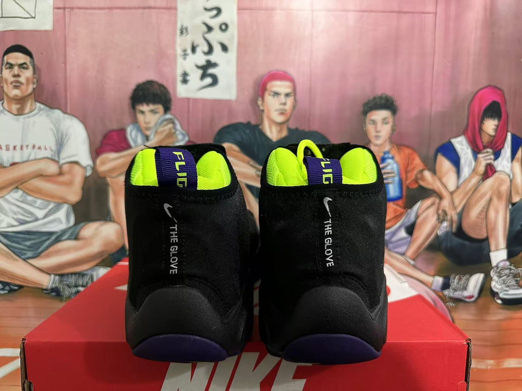 Nike The Glove Basketball Sneakers in Black Purple Yellow - product image from the listing.