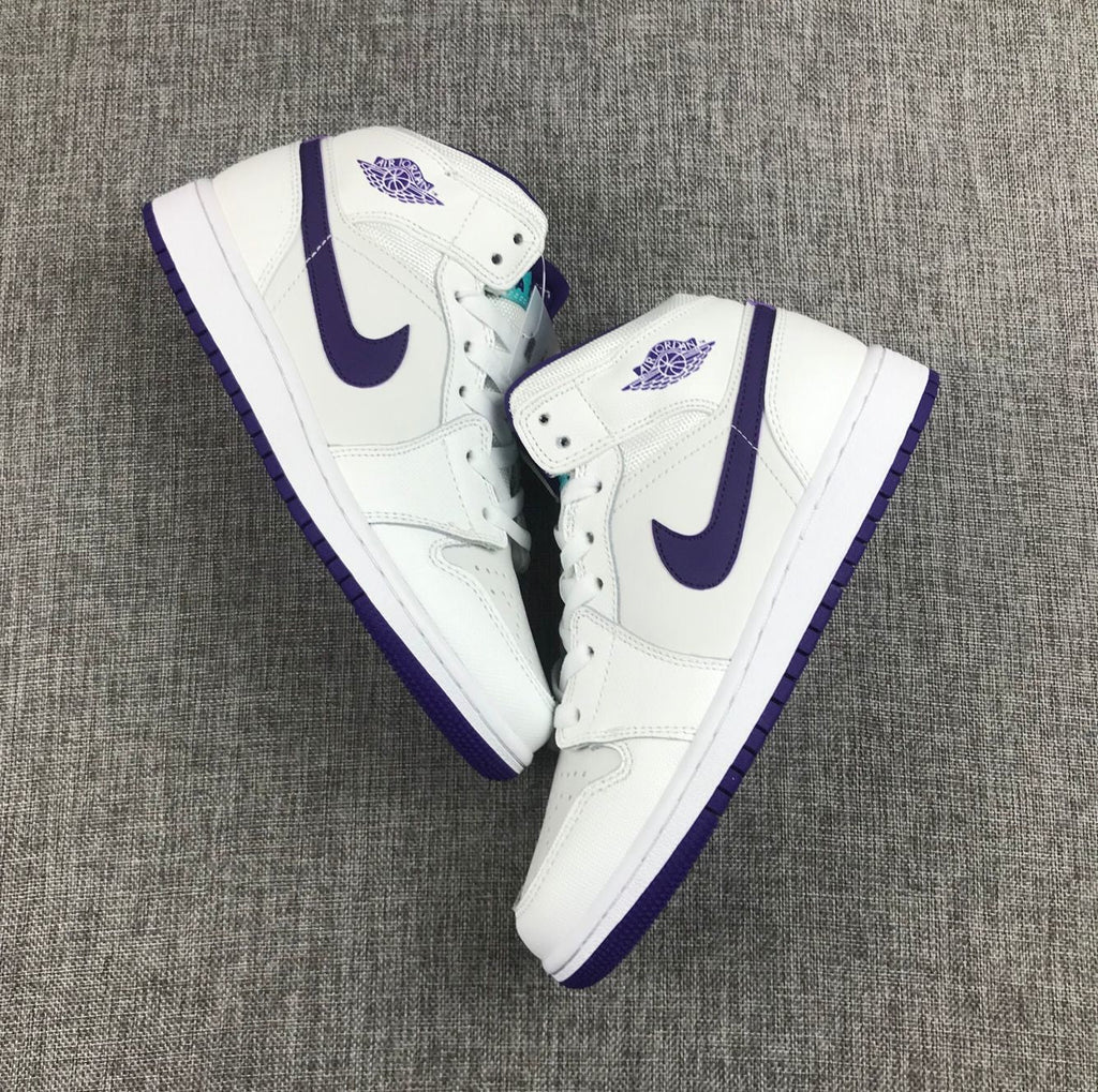 Air Jordan 1 Mid Sneakers in White Purple 332148-137 - product image from the listing.