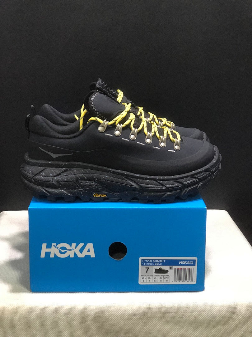HOKA Tor Summit Trail Sneakers in Black and Yellow - product image from the listing.