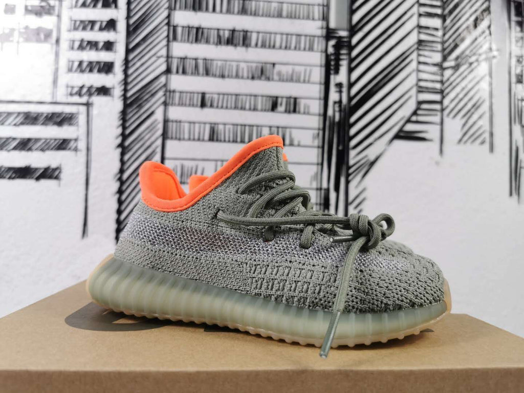 Grey and Orange Yeezy 350 V2 Kids Sneakers - product image from the listing.