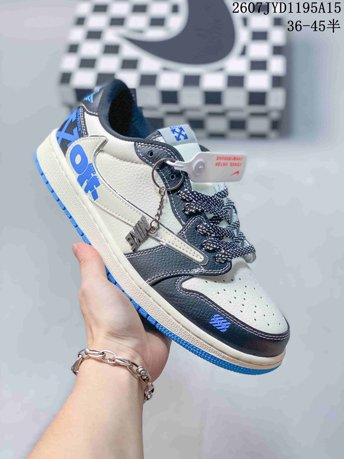 Air Jordan 1 Low White Black Blue Sneakers 2607JYD1195A15 - product image from the listing.
