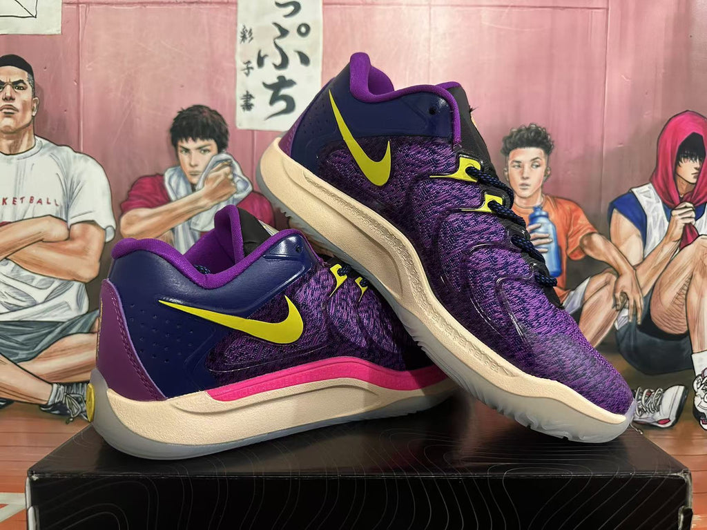 Nike Basketball Shoes in Purple, in Navy and Volt - product image from the listing.