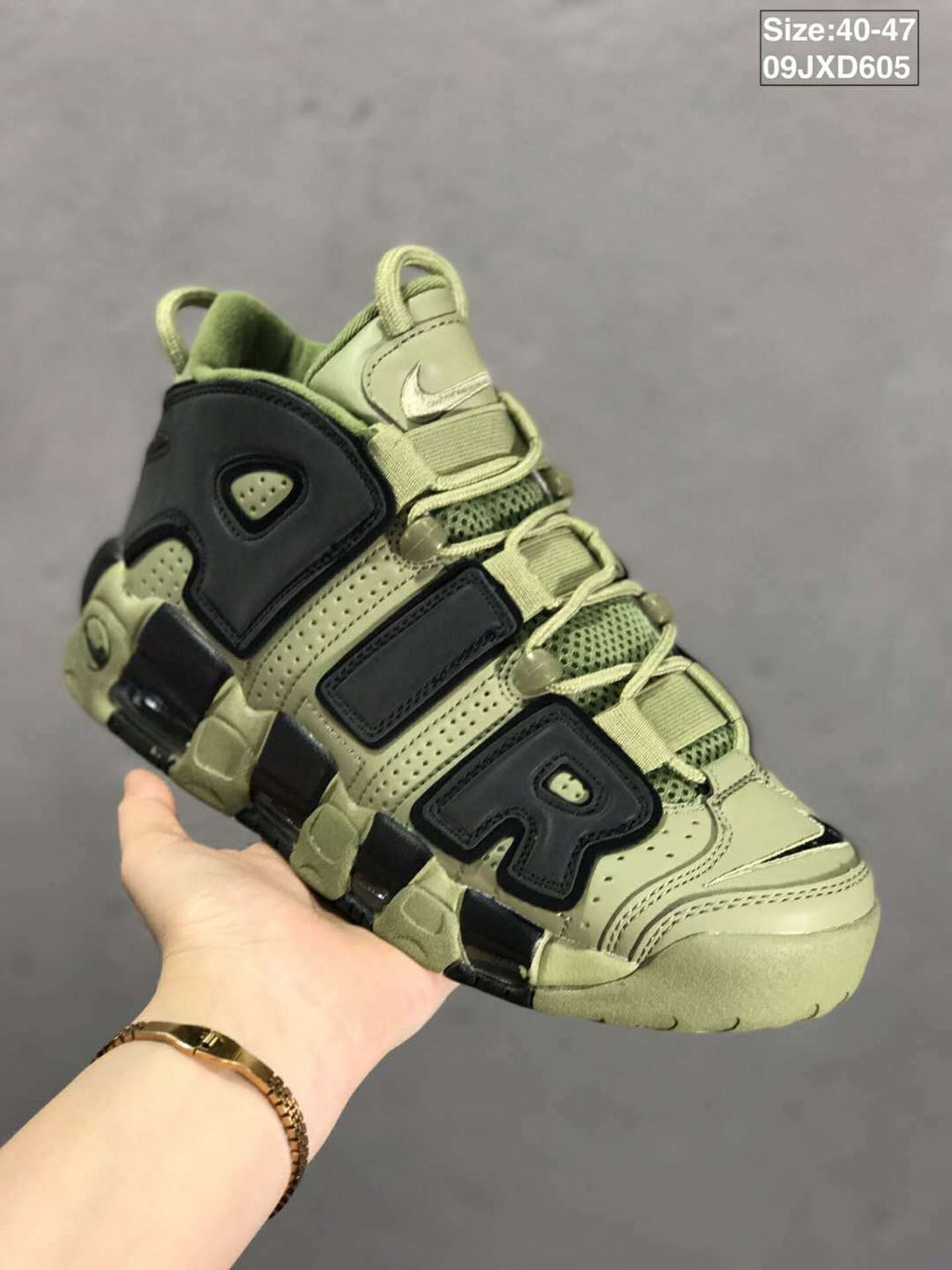 Olive and Black Nike Air More Uptempo Sneakers - product image from the listing.