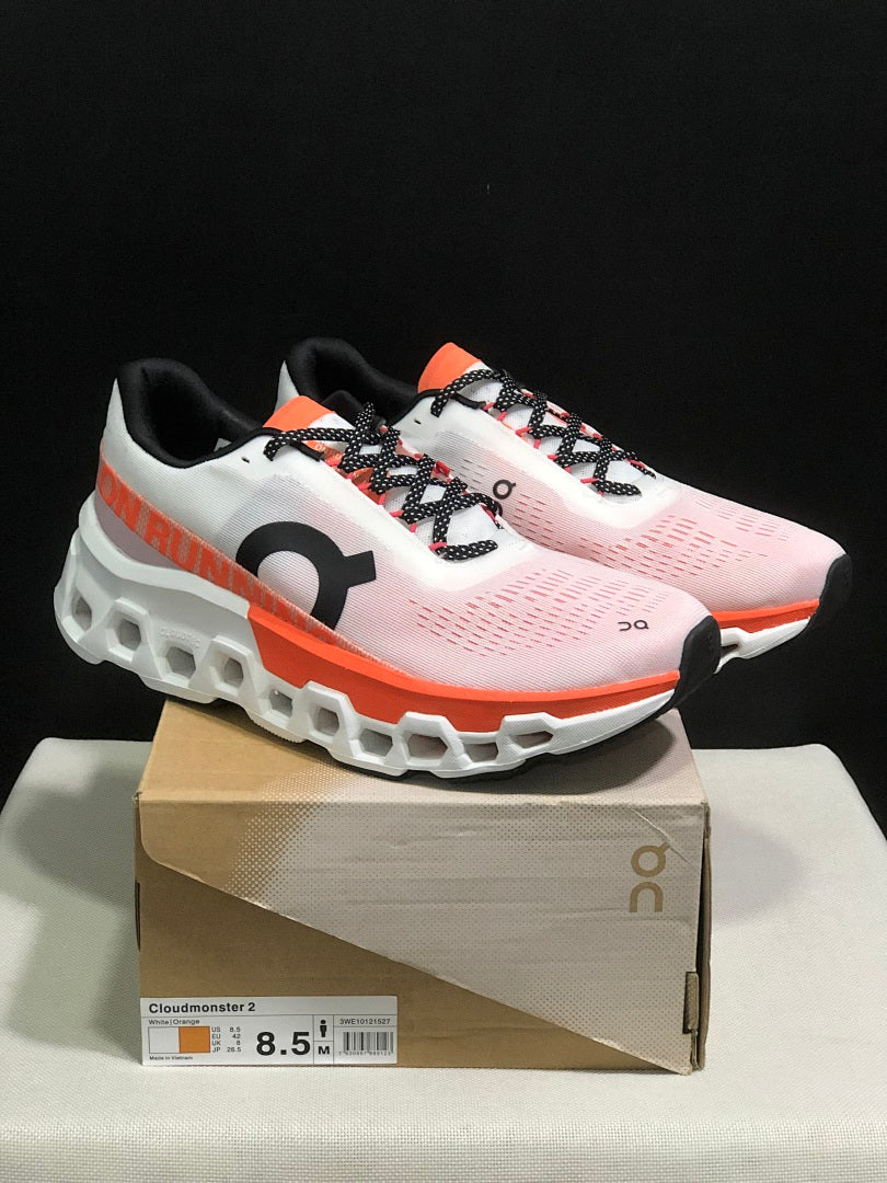White and Orange On Cloudmonster 2 Running Shoes - product image from the listing.