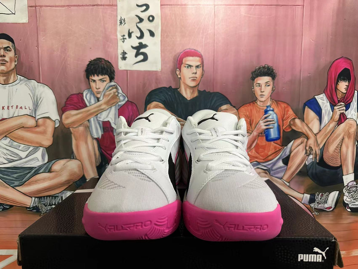 PUMA All-Pro Basketball Shoes in White Black Pink - product image from the listing.