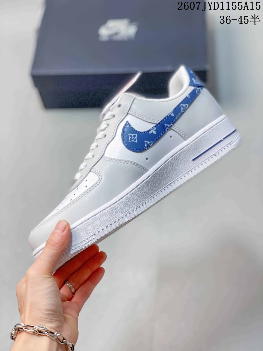 Nike Air Force 1 White Blue Pattern Trainers 2607TYD1155A15 - product image from the listing.