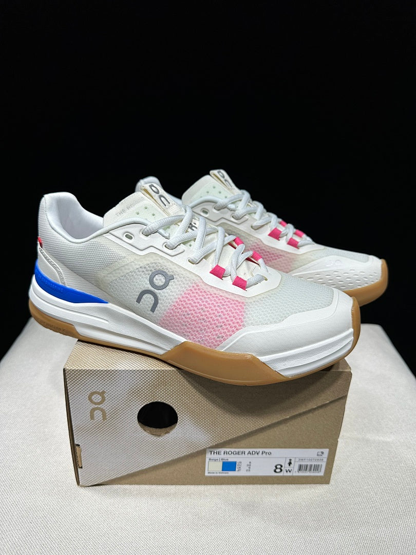 On The Roger Advantage Pro Tennis Shoes, in White Blue Pink - product image from the listing.