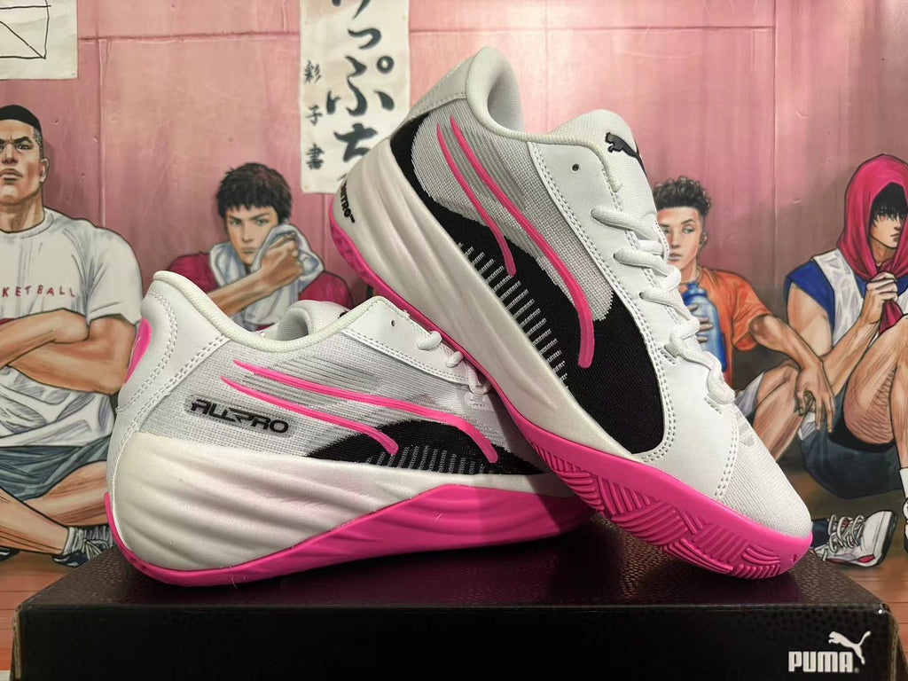 PUMA All-Pro Basketball Shoes in White Black Pink - product image from the listing.