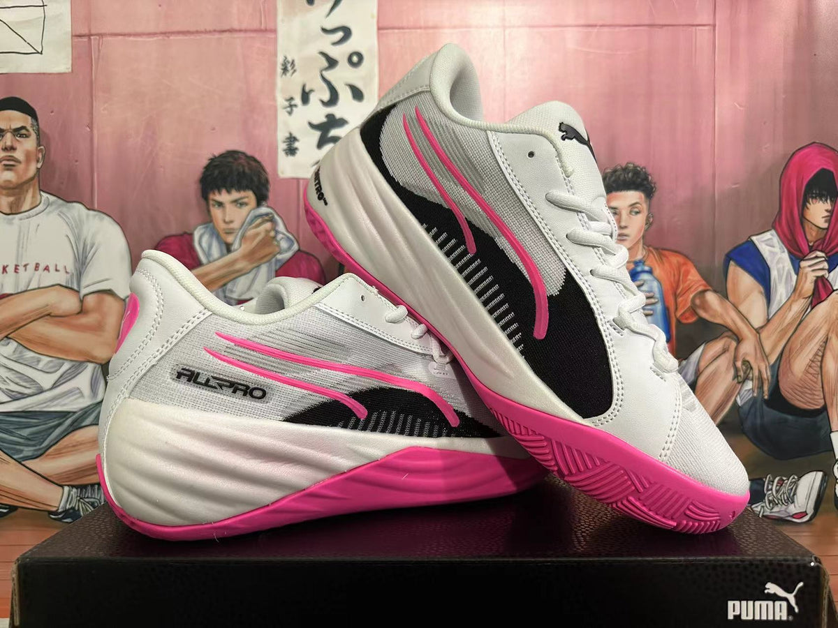 PUMA All-Pro Basketball Shoes in White Black Pink - product image from the listing.