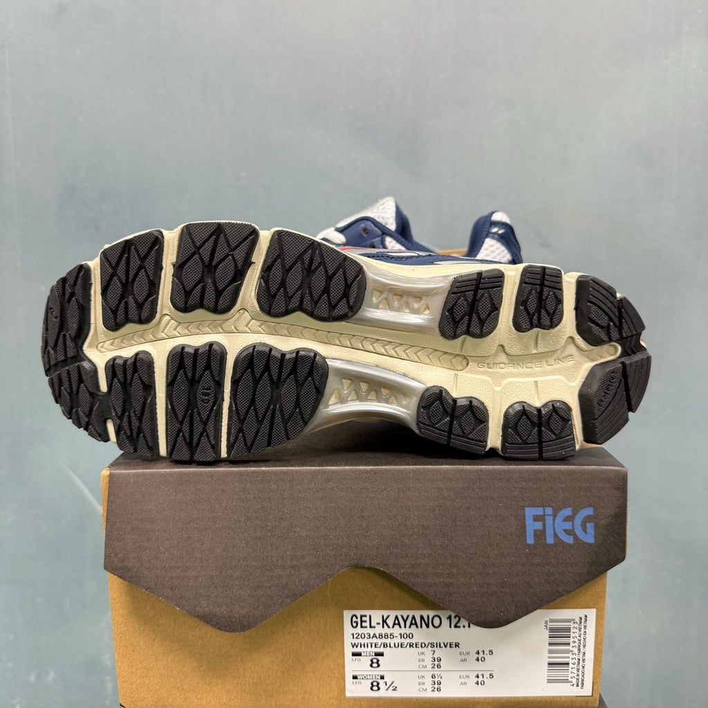 ASICS GEL-KAYANO 12.1 Sneakers in White Blue Red 1203A885-100 - product image from the listing.