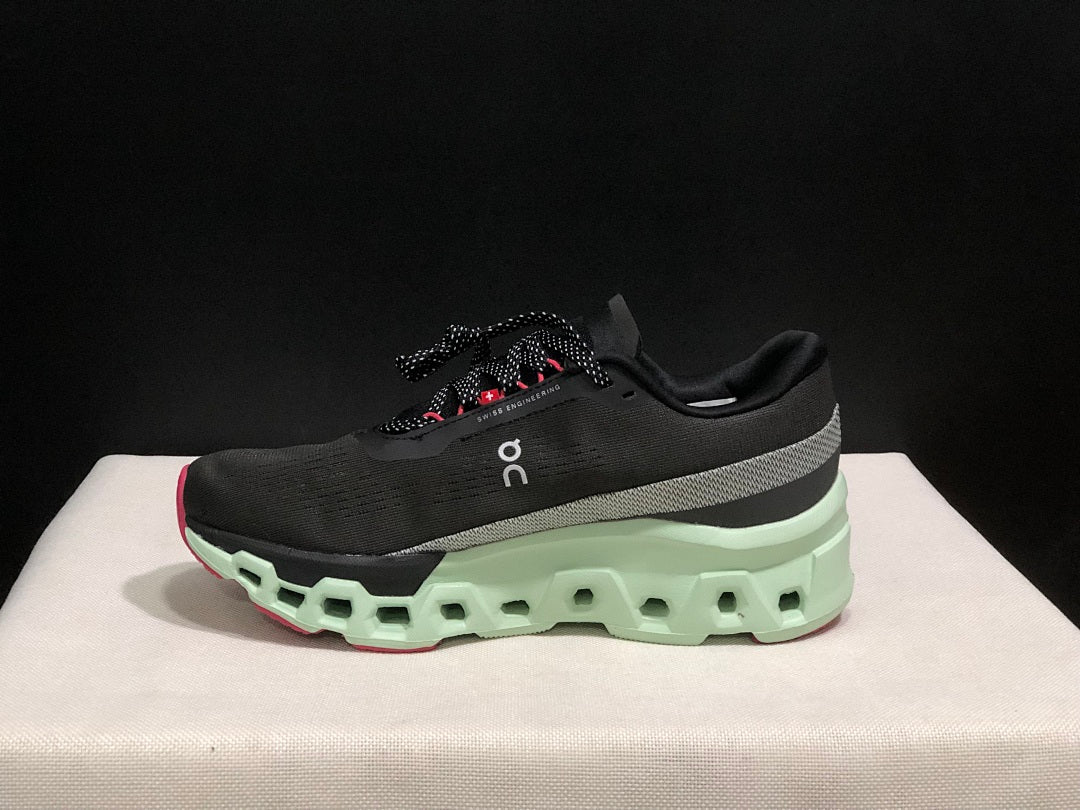 On Cloudmonster 2 Running Shoes, in Black and Mint Green - product image from the listing.