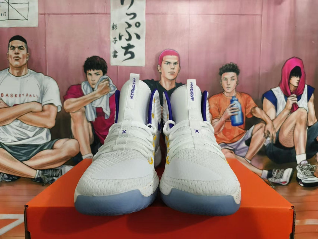 Nike Hyperdunk Basketball Shoes, White, in Yellow and Purple - product image from the listing.