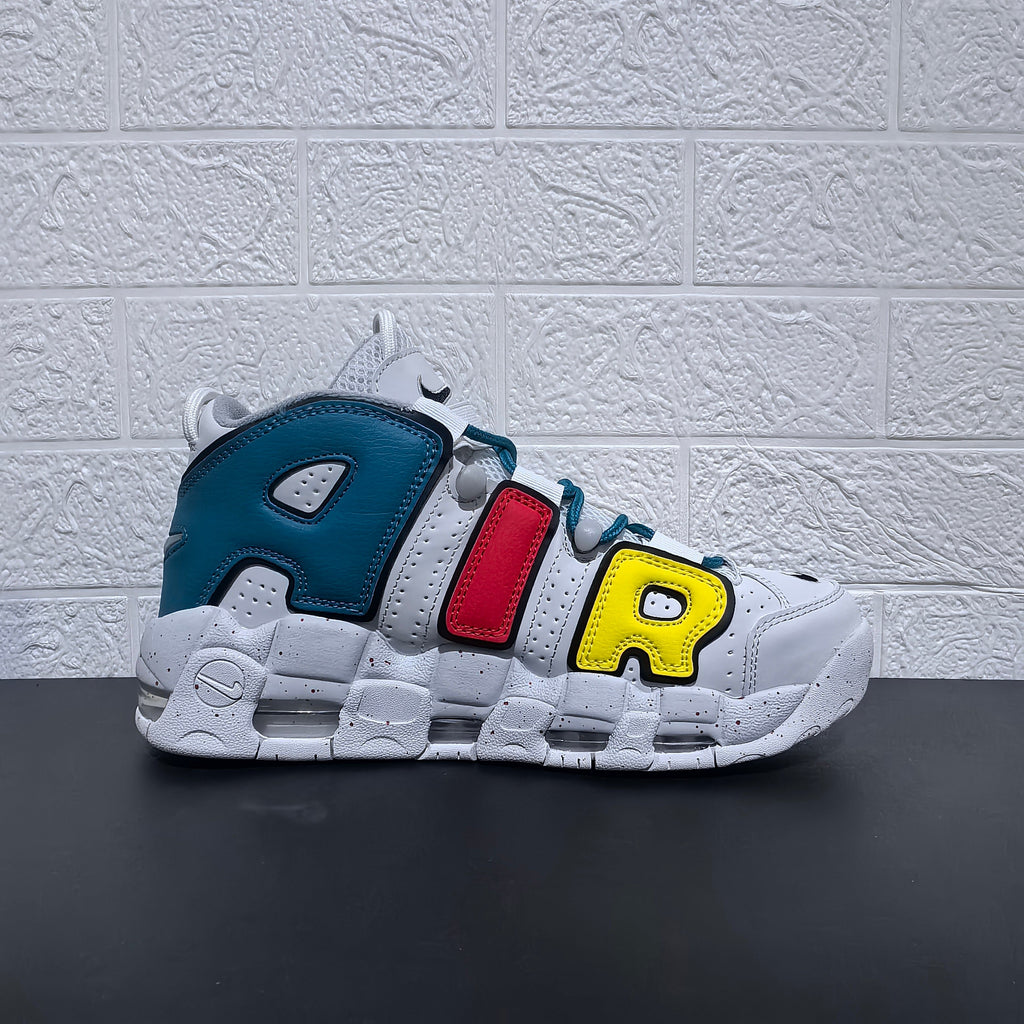 Nike Air More Uptempo Cartoon Bear Sneakers, in White Blue Red - product image from the listing.