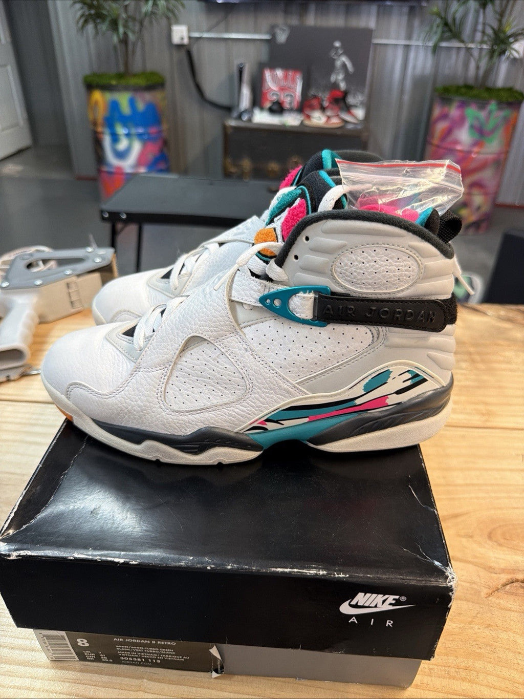 Size 8 Jordan 8 Retro South Beach White Turbo Green New (With Box) 305381-113 - product image from the listing.