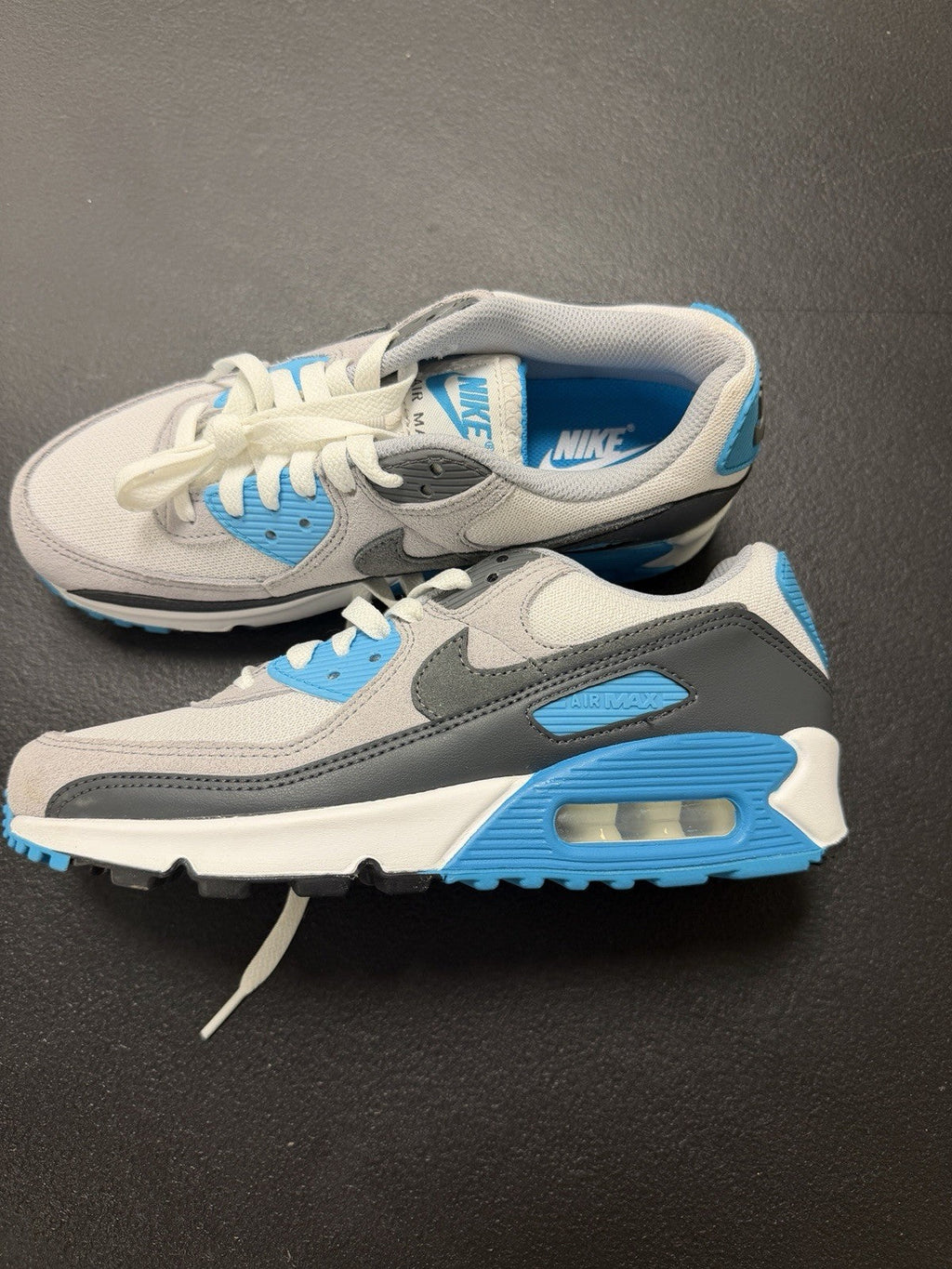 Men's Nike Air Max 90 Shoes (Platinum Tint/Blue Lightning/Wolf Grey/Iron Grey) - product image from the listing.