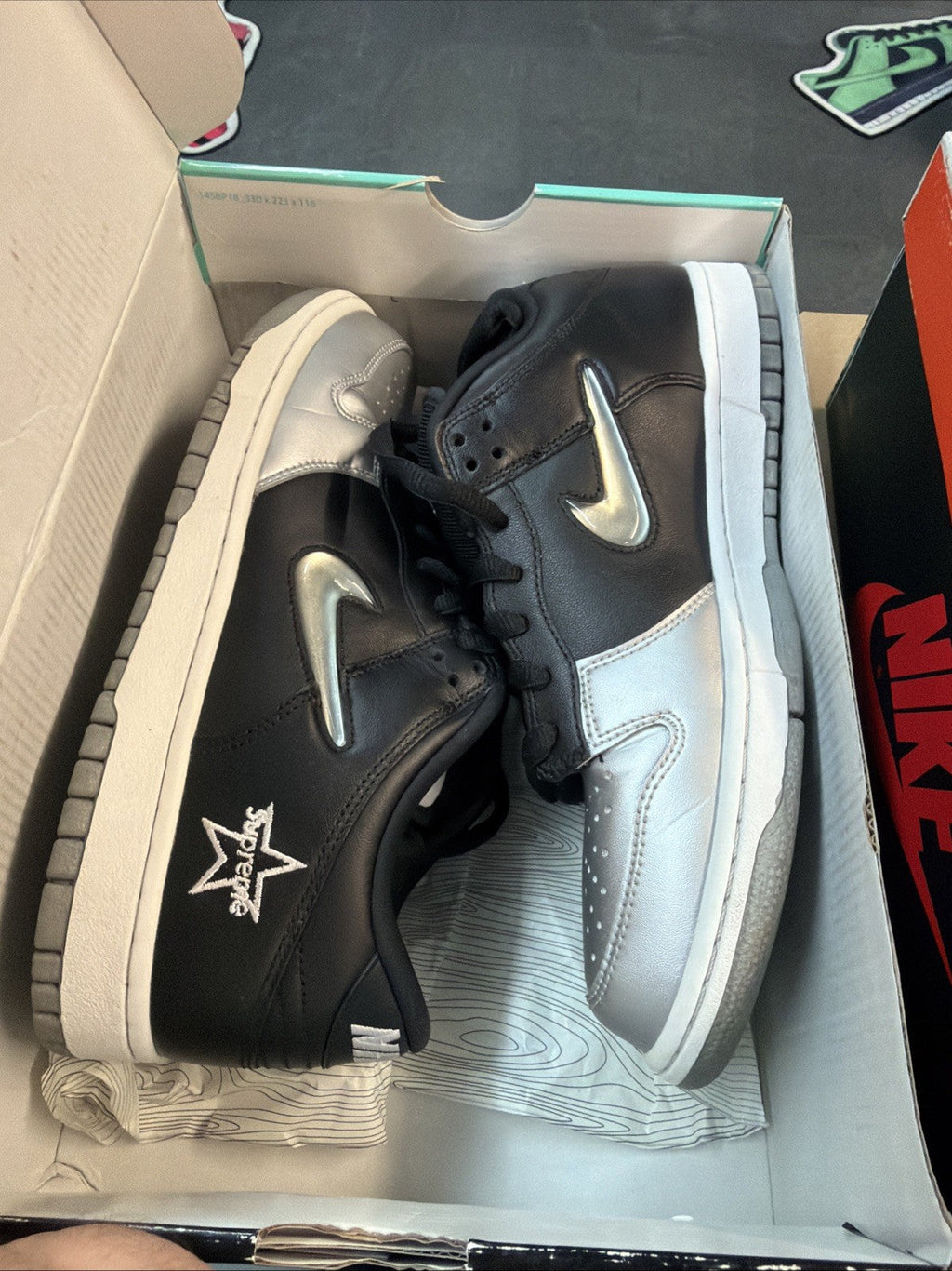 Men's Nike SB Dunk Low Pro Supreme Jewel Swoosh Silver QS Size 9.5 Sneakers - product image from the listing.