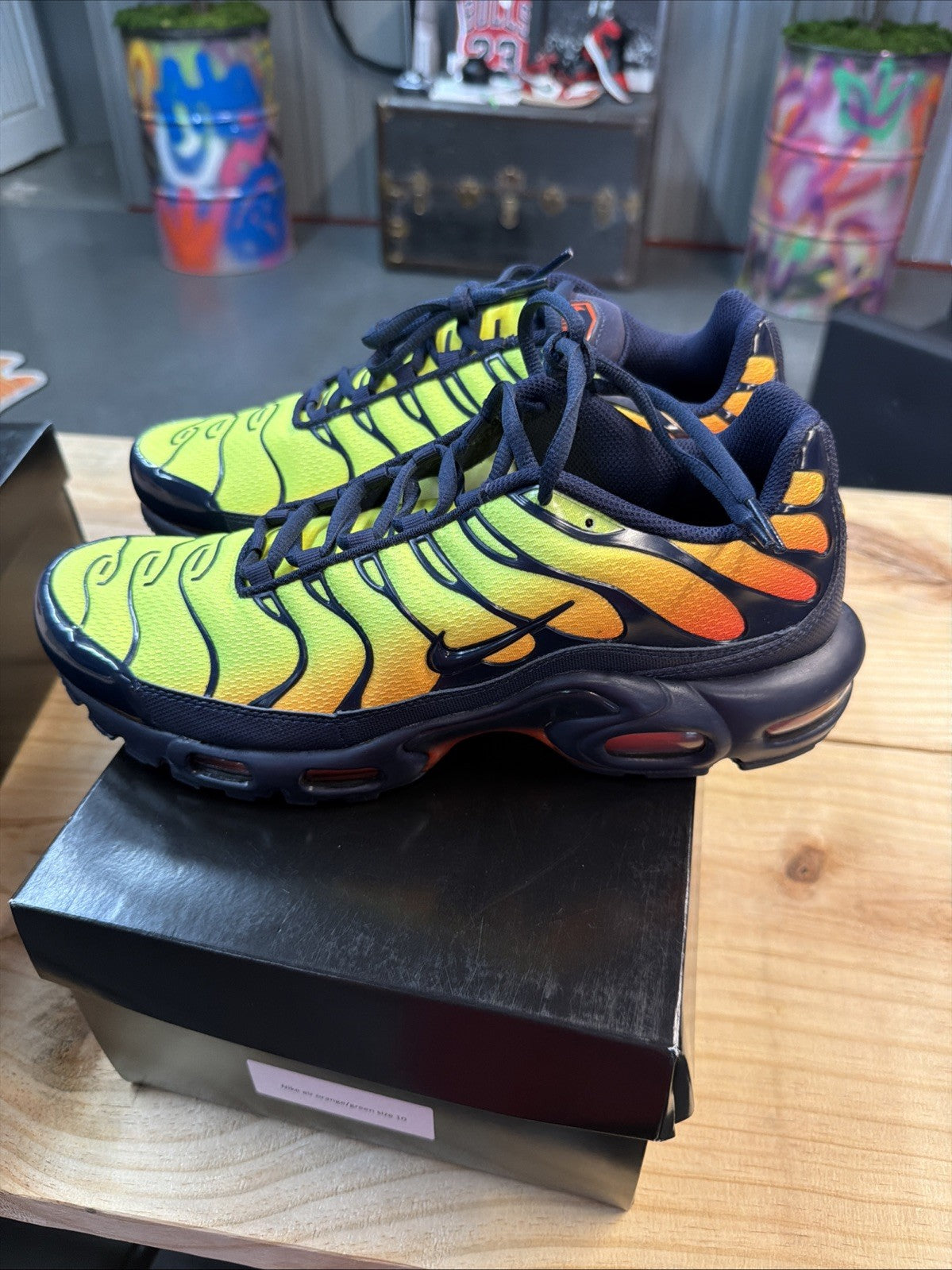 Men's Nike Air Max Plus TN Running Shoes Black Volt Orange Sneakers - product image from the listing.