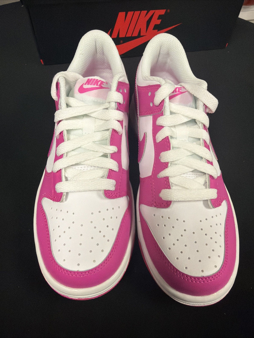 Nike Dunk Low (GS) Footwear White Pink Laser Fuchsia FB9109-102 Size 5Y, NEW - product image from the listing.