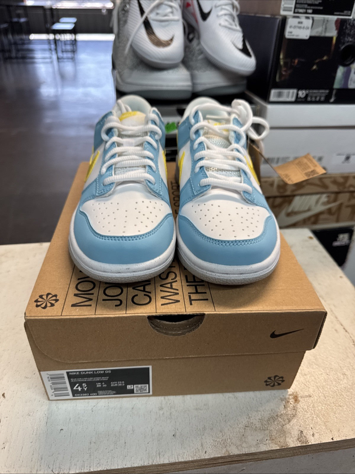 Nike Dunk Low GS Blue Chill Yellow Strike White - Size 4.5Y - product image from the listing.