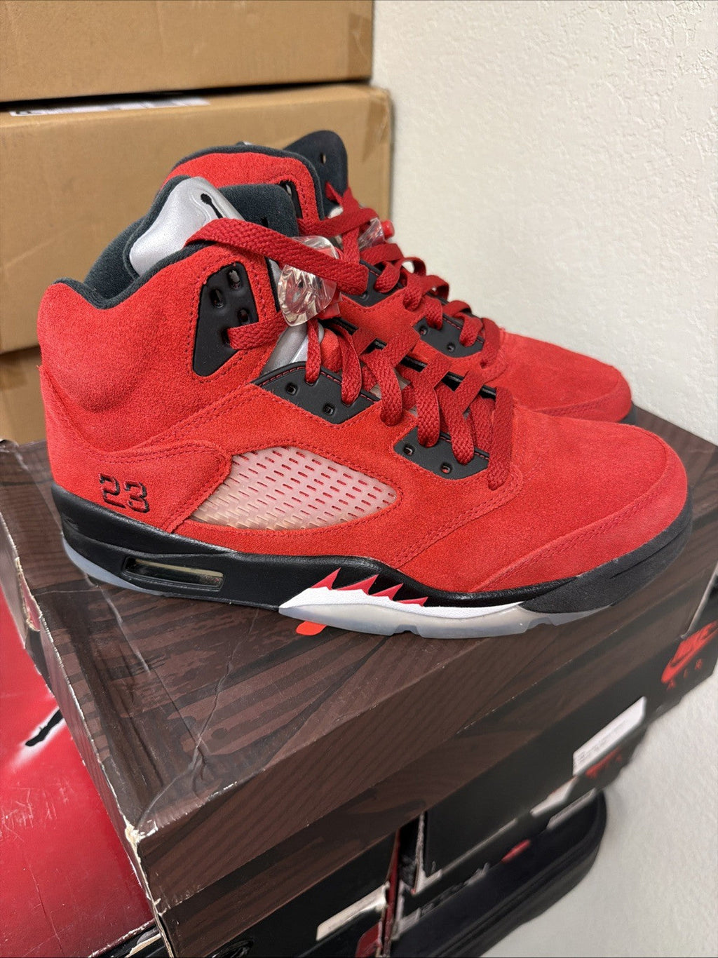 Red Suede Sneakers Size 8.5 - Air Jordan 5 Retro DD0587-600 - product image from the listing.