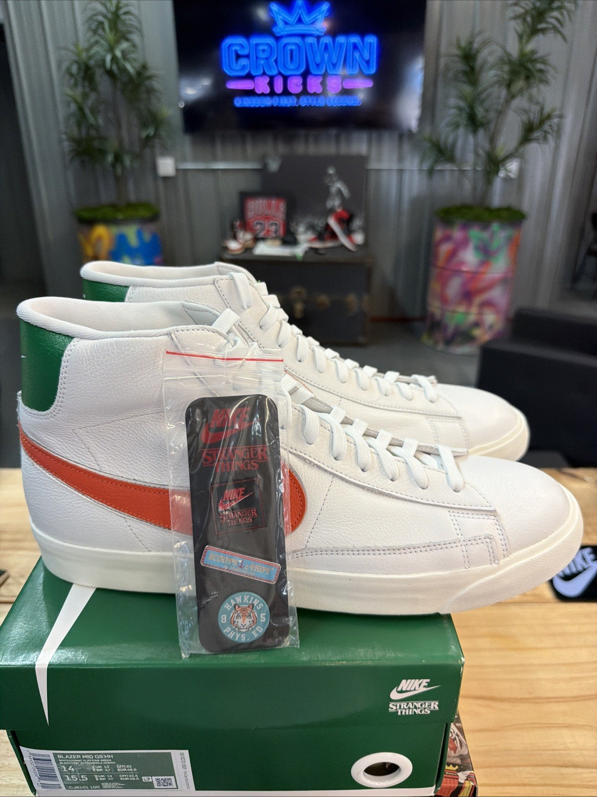 Blazer size 14. White Green Stranger Things Hawkins High School CJ6101-100. by Nike - product image from the listing.