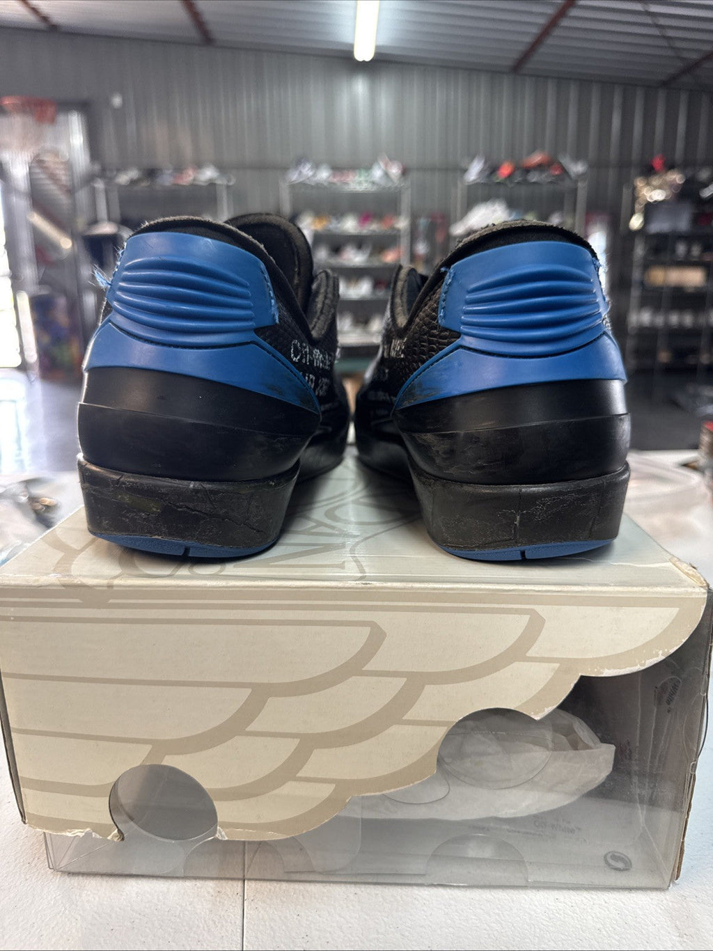 "OW BLACK BLUE" Size 9 - Air Jordan 2 Retro SP 2021 - product image from the listing.