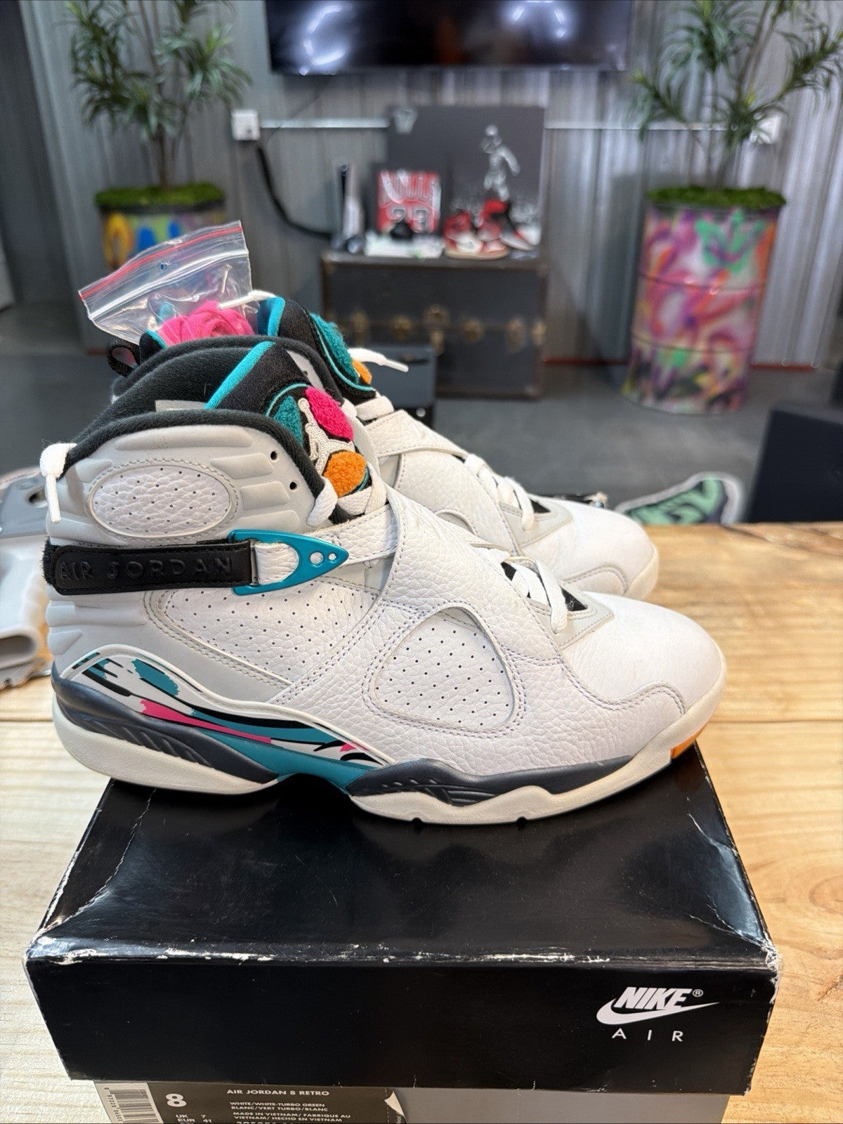 Size 8 Jordan 8 Retro South Beach White Turbo Green New (With Box) 305381-113 - product image from the listing.