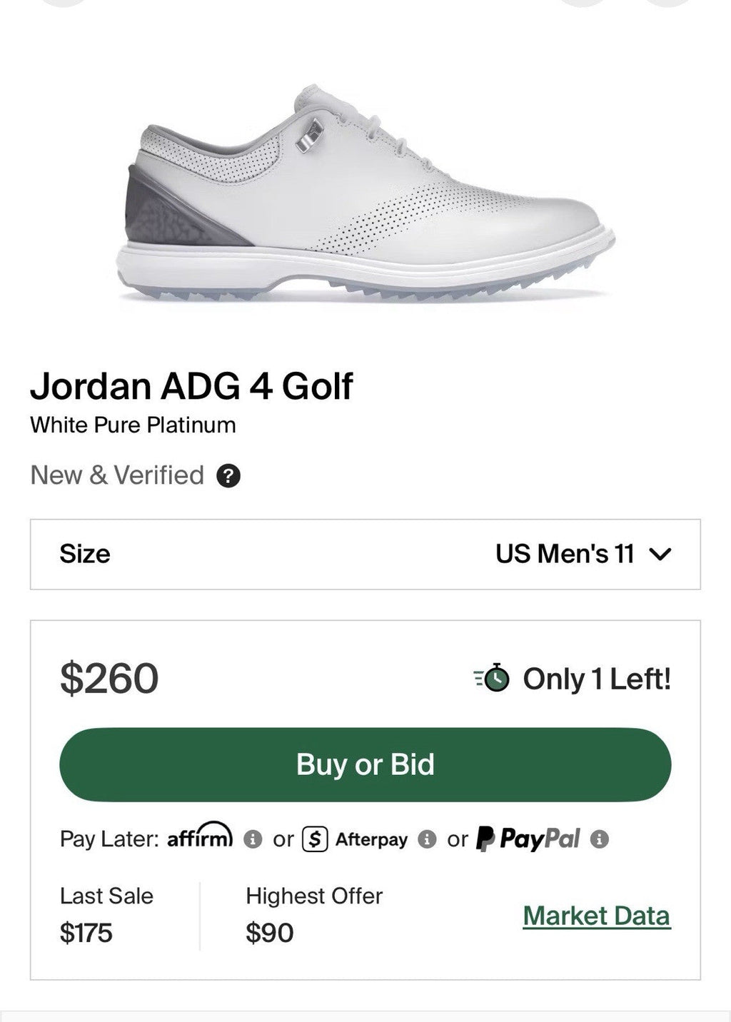"White Pure Platinum" Size 11 - Nike Jordan ADG 4 Golf Shoe | Replacement Box - product image from the listing.