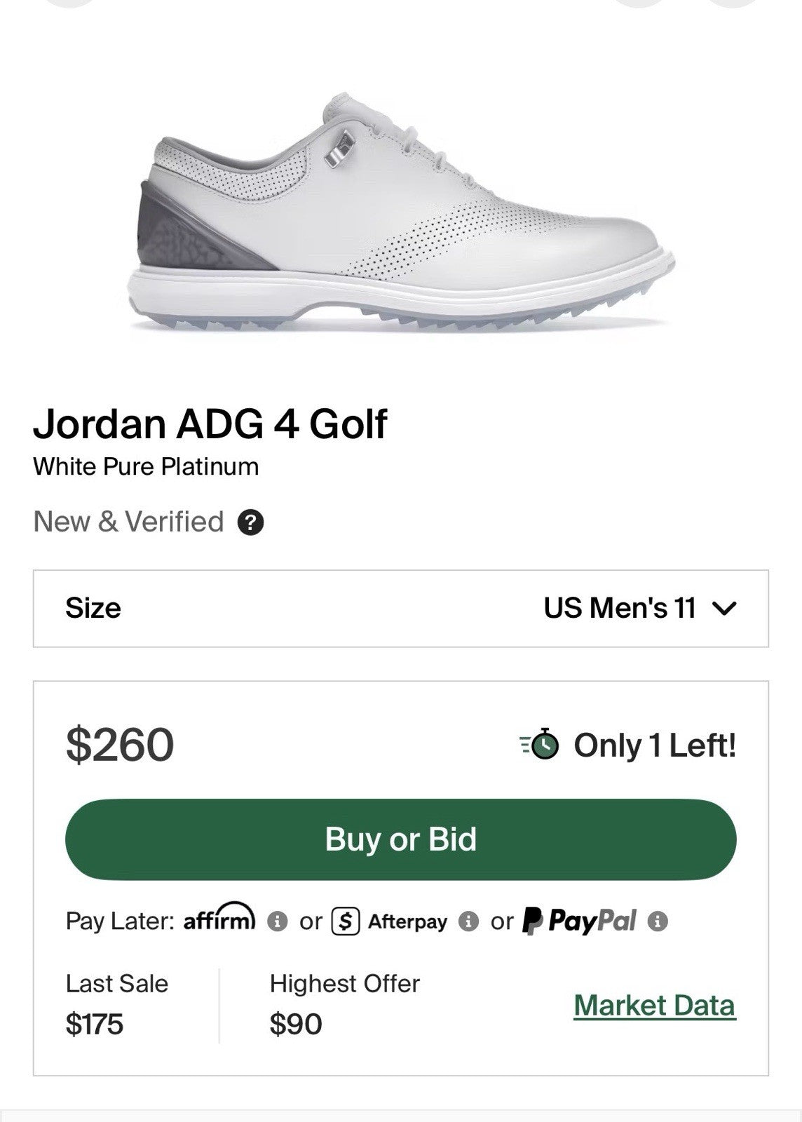 "White Pure Platinum" Size 11 - Nike Jordan ADG 4 Golf Shoe | Replacement Box - product image from the listing.