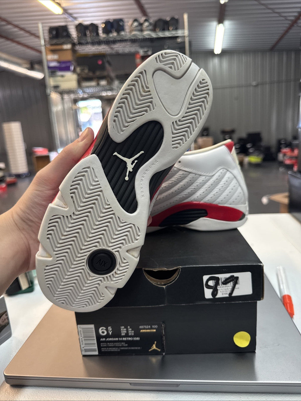 Size 6.5 Y Nike Air Jordan 14 XIV Retro GS Candy Cane Trainers - product image from the listing.