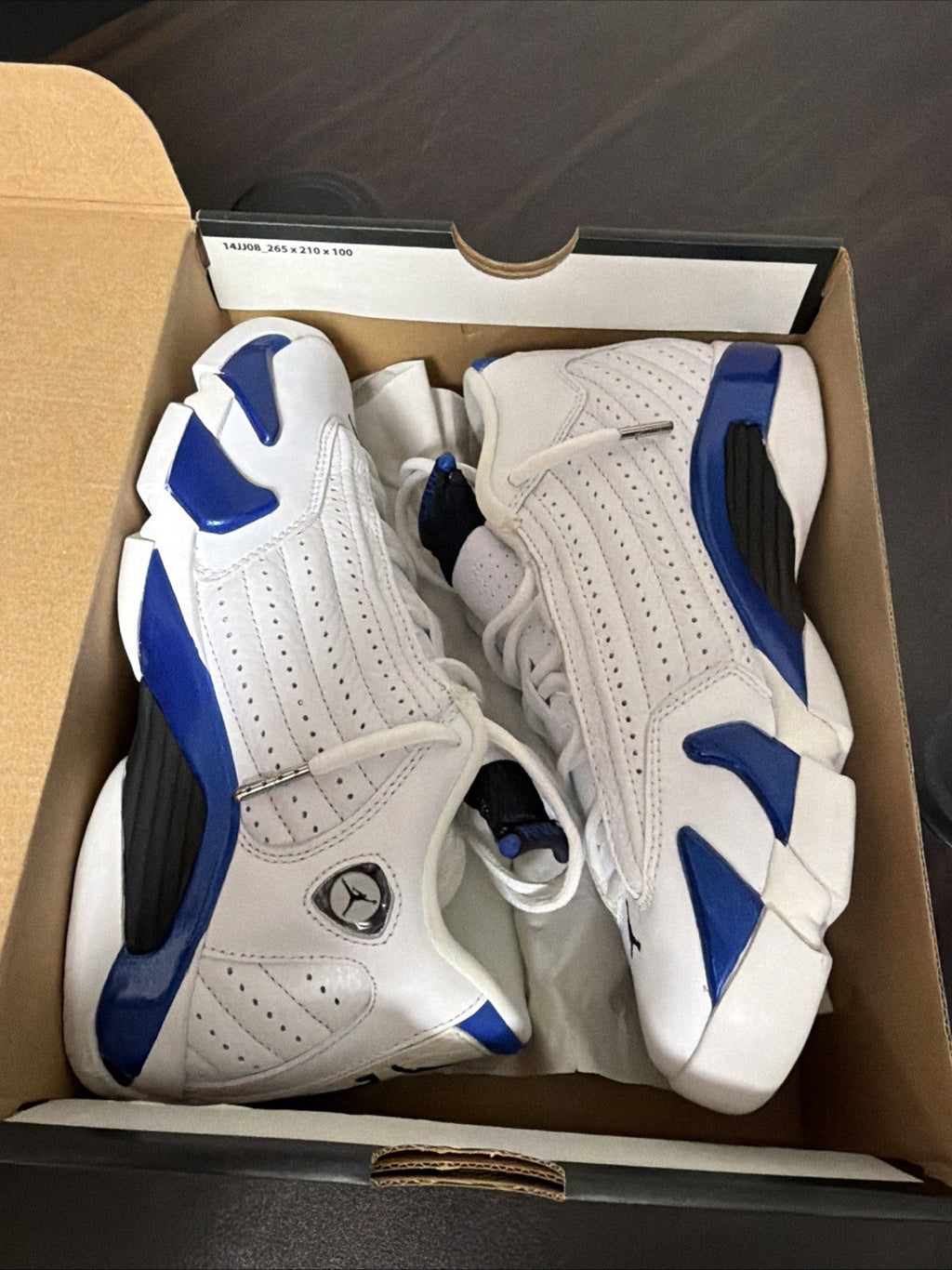 Women's Jordan 14 Retro White Hyper Royal (GS) Childrens 5Y 6.5 W/OG BOX EUC - product image from the listing.