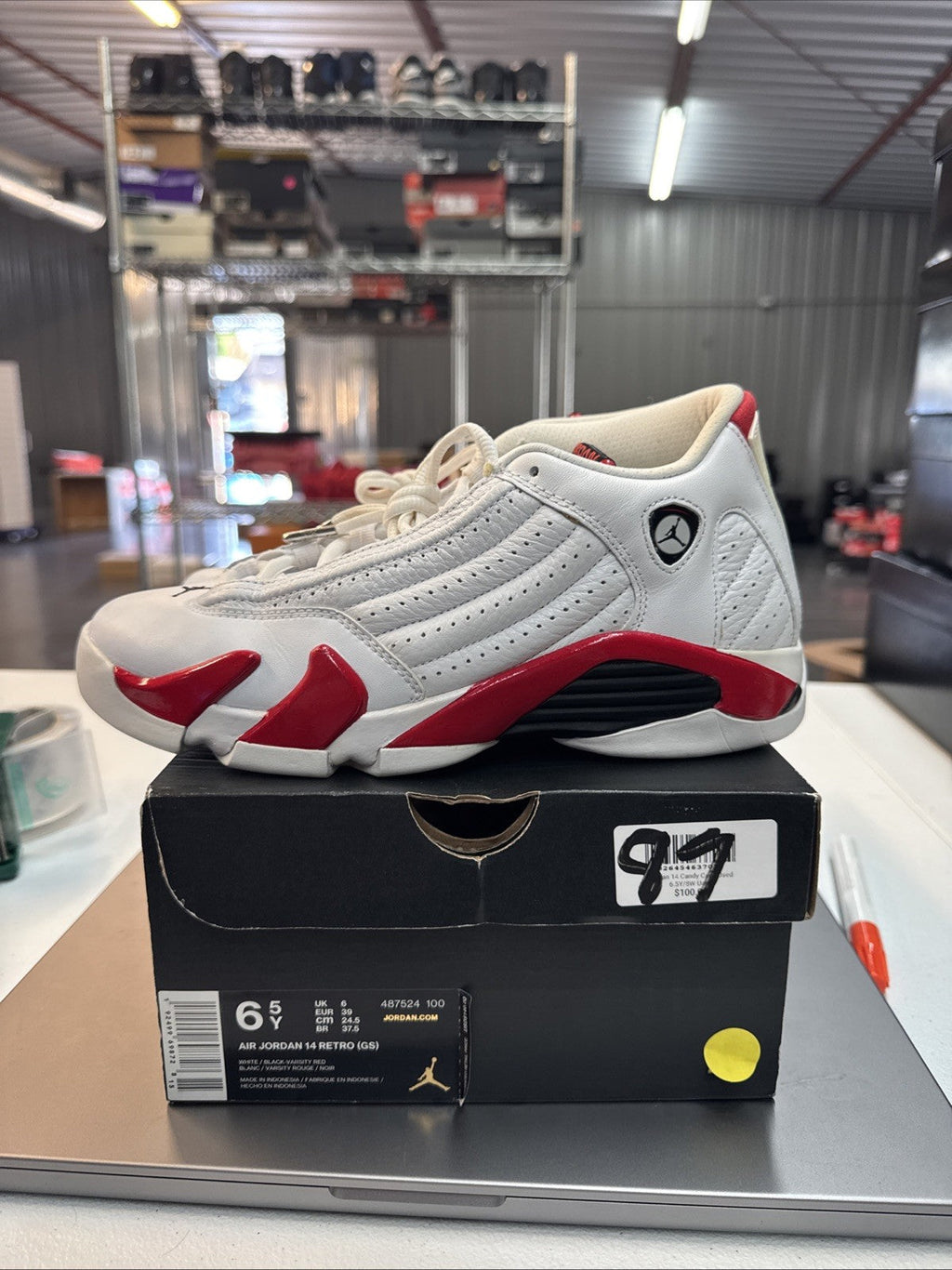 Size 6.5 Y Nike Air Jordan 14 XIV Retro GS Candy Cane Trainers - product image from the listing.