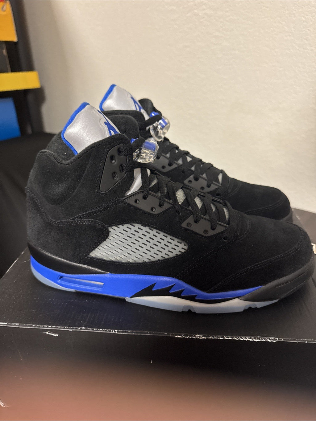 "Racer Blue" Size 12 M - Air Jordan 5 Retro Black/Blue | WORN ONCE - product image from the listing.