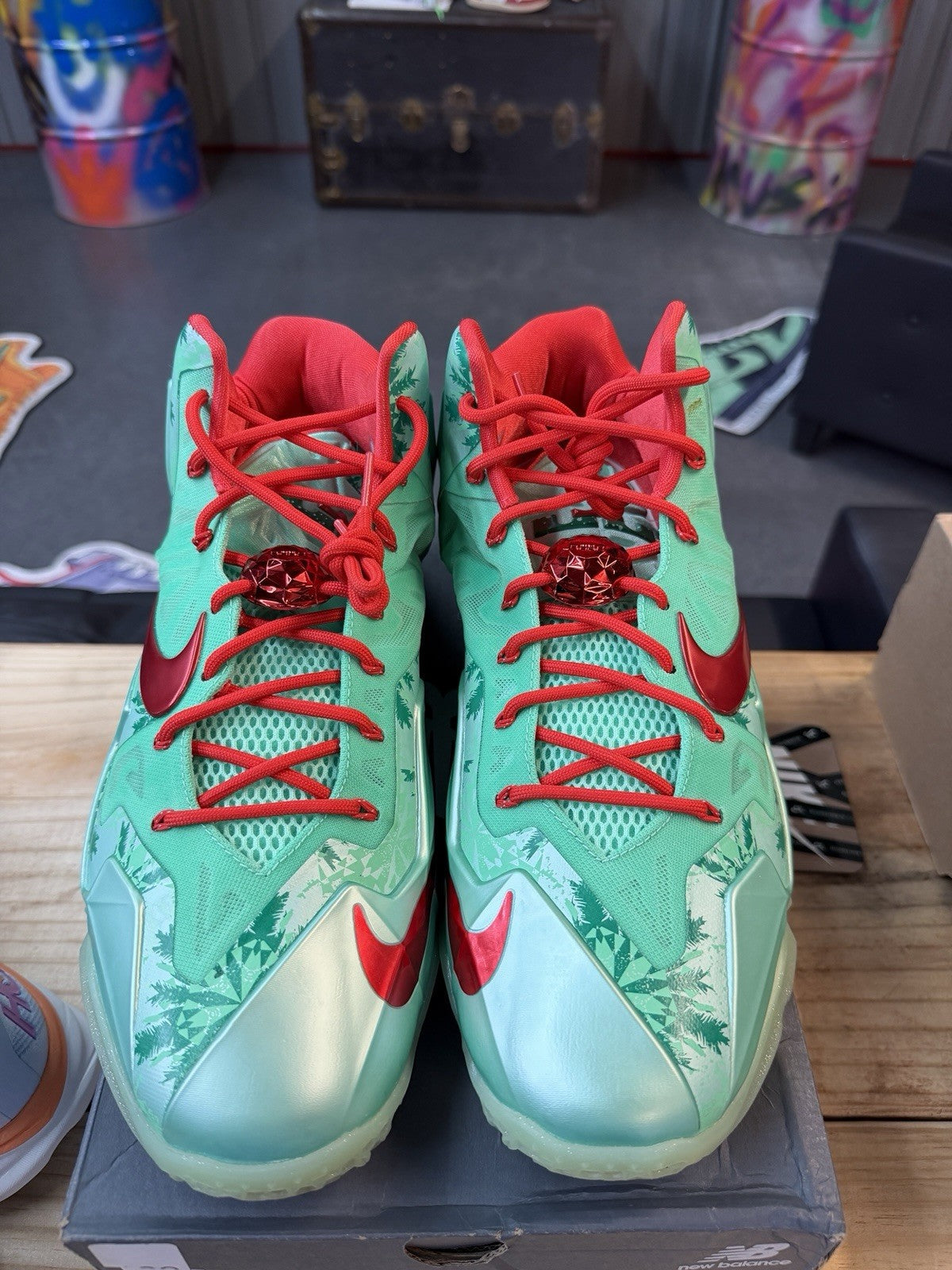 Nike LeBron XI 11 Christmas 2013 Crimson Arctic Green Glow Footwear 616175-301 Sz13 - product image from the listing.