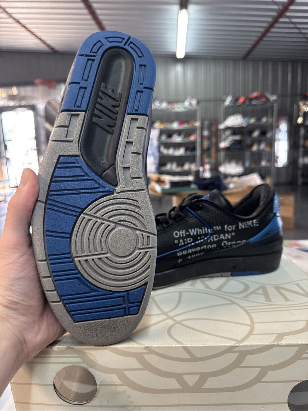 "OW BLACK BLUE" Size 9 - Air Jordan 2 Retro SP 2021 - product image from the listing.