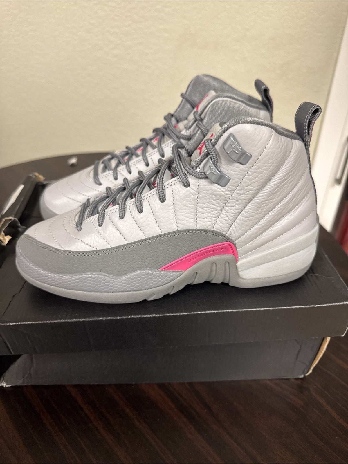 Nike Air Jordan 12 Retro GG Wolf Grey/Vivid Pink Shoes - Size 5Y - product image from the listing.
