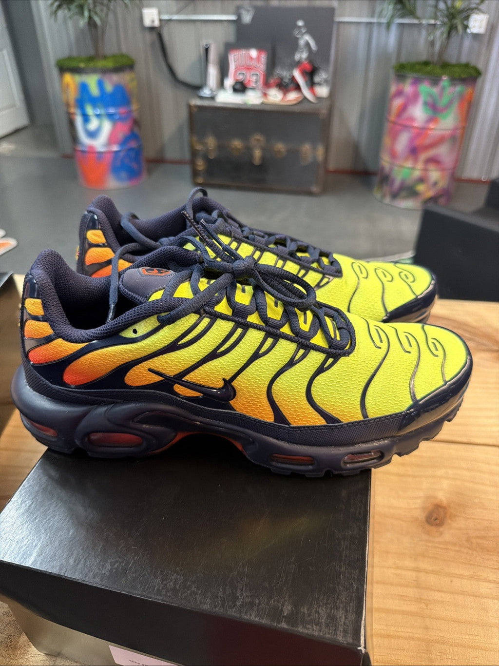 Men's Nike Air Max Plus TN Running Shoes Black Volt Orange Sneakers - product image from the listing.