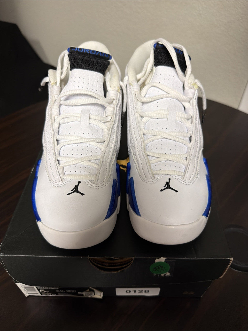 Women's Jordan 14 Retro White Hyper Royal (GS) Childrens 5Y 6.5 W/OG BOX EUC - product image from the listing.